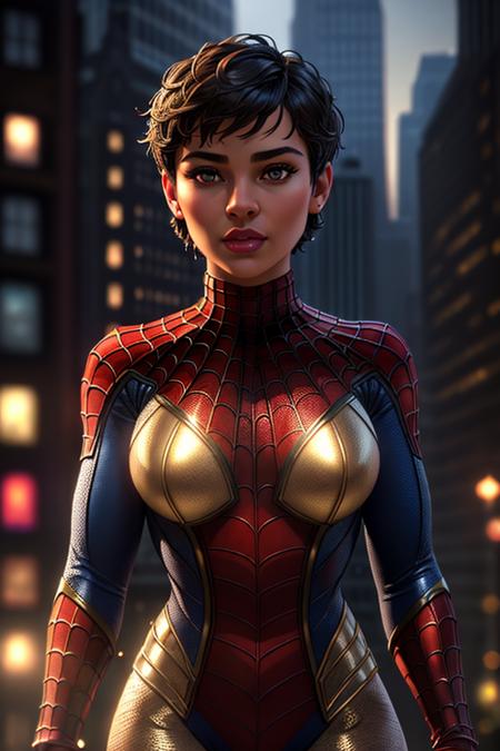 00082-3204813522-Thick layered papercut art of Closeup fullbody portrait of teeny female Spiderman, gnger short hair, city, intricate background,.png